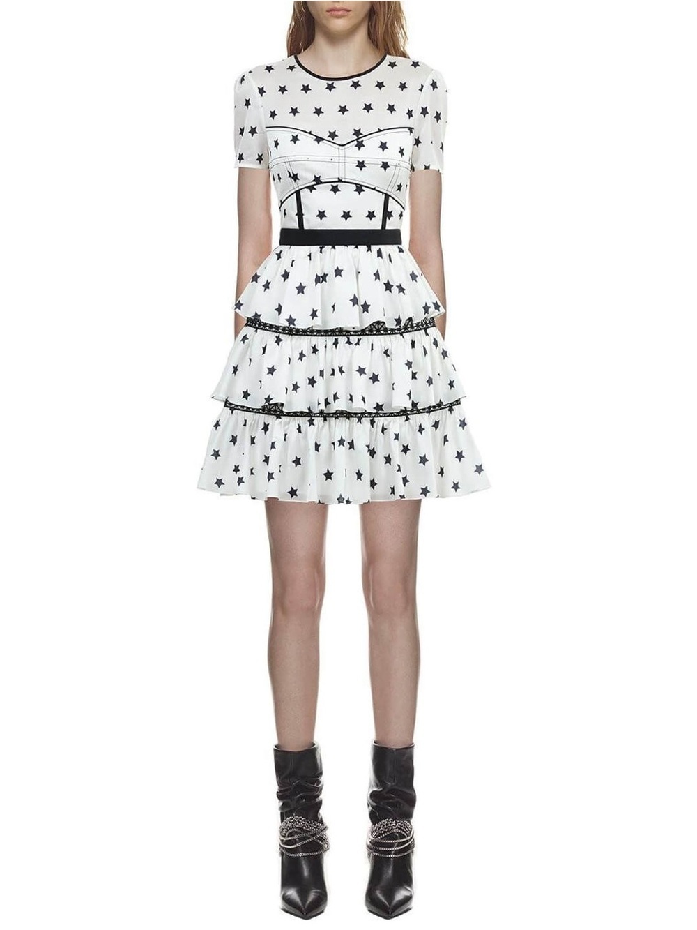 Self-Portrait Star Print Bustier Panel Tiered Mini Dress White US 8